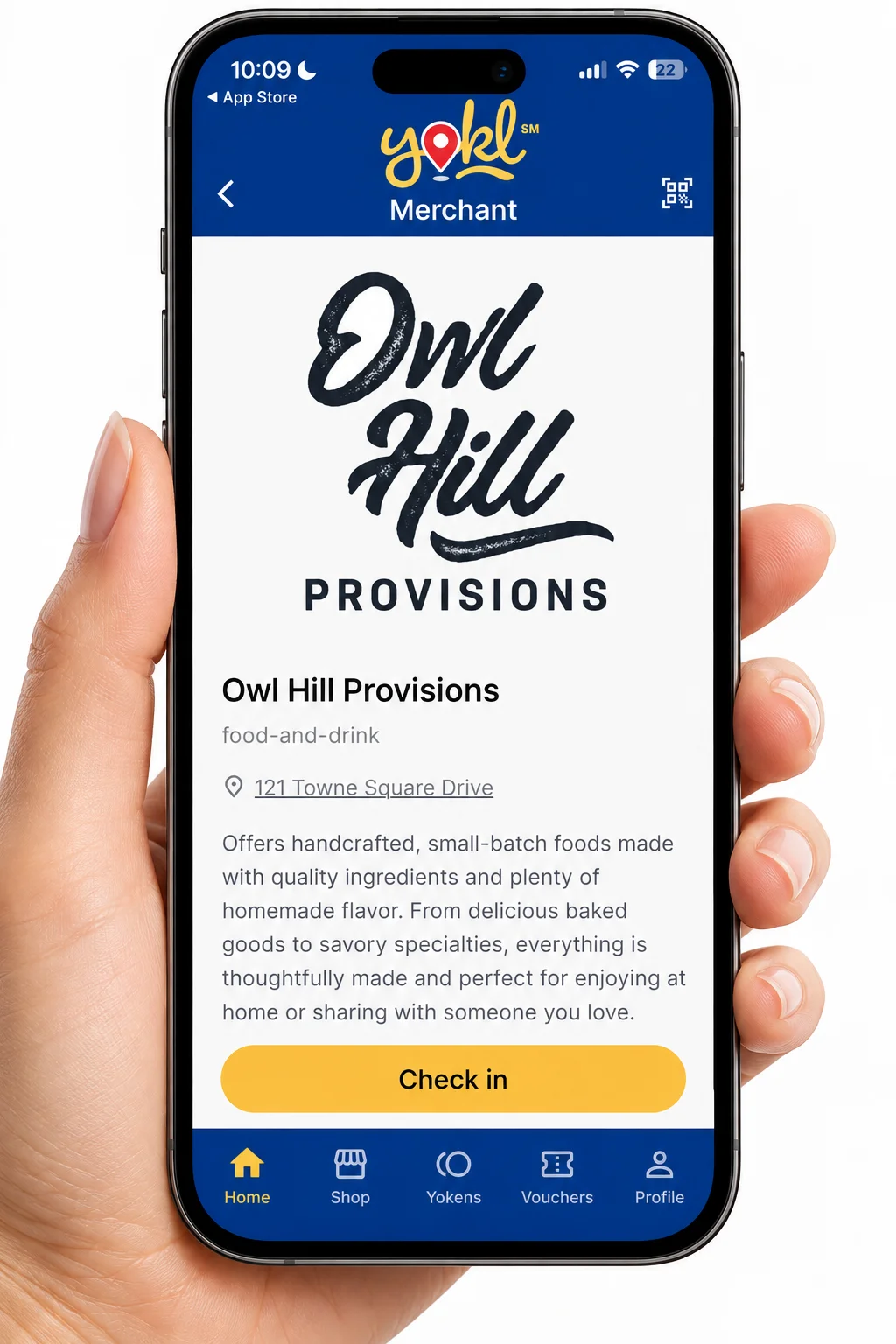 The Yokl app on a phone, showing a local merchant with a Check in button